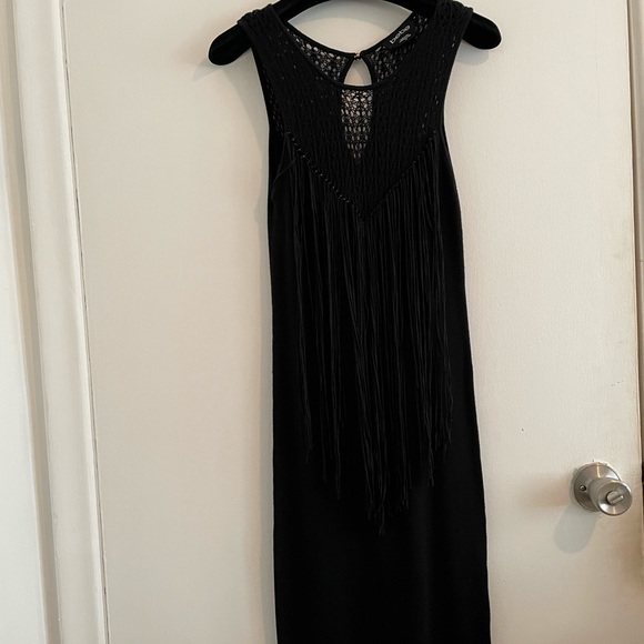 BEBE Black Dress with Crochet Detail, Fringes and Beads - Picture 4 of 11